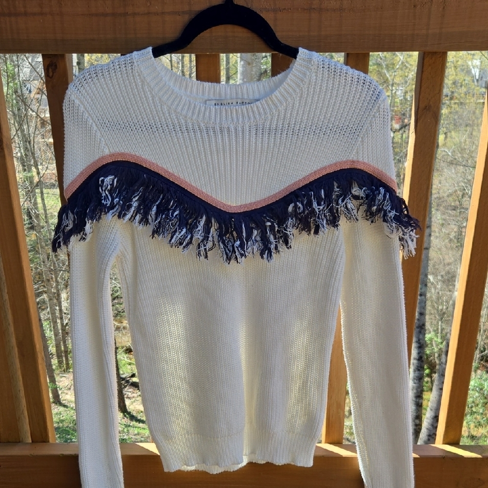 English Factory Boho Fringe Chevron Knit  Sweater In Cream Navy Pink